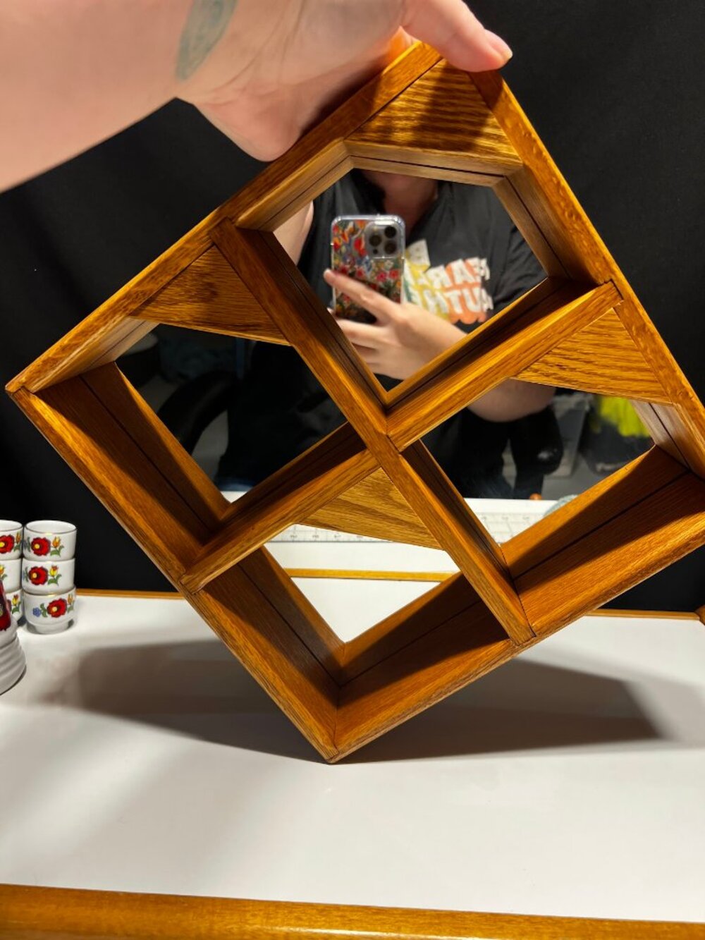 Vintage Geometric Wood Mirror Shadow Box Shelf